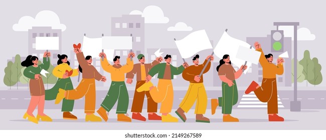 People With Placards And Banners Protest On Rally Demonstration. Characters With Red Hearts, Flags And Signs Crossing Road At City Street. Activists Crowd Picketing, Line Art Flat Vector Illustration