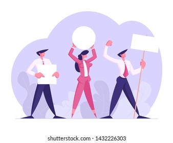 People with Placards on Demonstration, Strike, Holiday Celebration, Festivity, Male Female Characters Holding Empty Vote Banners and Signs. Voting, Protesting Citizen Cartoon Flat Vector Illustration