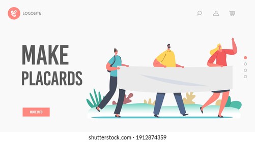 People with Placards on Revolution, Rally Demonstration, Strike Landing Page Template. Characters Holding Long Empty Banner or Signboard Fighting for Rights, Protesting. Cartoon Vector Illustration