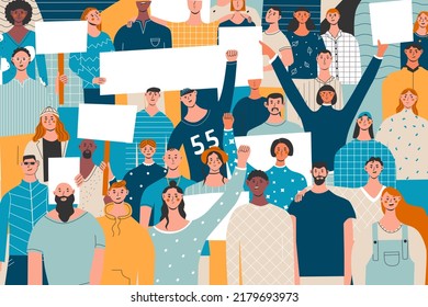 People with placards and posters. Group of protestors fist raised up in the air. Supporting the protests against. Crowd of mans and womans on demonstration. Flat vector illustration in trendy colors.