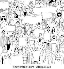 People with placards and posters. Group of protestors fist raised up in the air. Supporting the protests against. Crowd of mans and womans on demonstration. Hand drawn vector illustration.