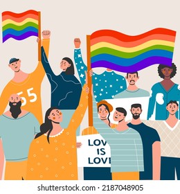 People placards posters with lgbt rainbow transgender flag, pride month, parade against violence, descrimination, human rights. Crowd mans womans on demonstration equality homosexuality. Flat vector.