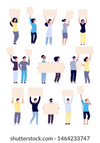 People with placards. Protesters holding blank banners, protesting persons activists with empty signs vector isolated characters. Activist banners protest meeting, demonstration board illustration