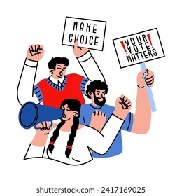 People with placards and raised hands at a demonstration. Banner inscriptions make a choice and your voice matters. State elections. Selecting a candidate for political office. Vector illustration