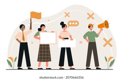 People with placards. Social activity, care for nature, meeting, protest, demonstration. Characters assert their rights, leader with loudspeaker, empty banners. Cartoon flat vector illustration