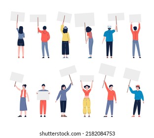 People with placards. Young protest movement, demonstration flat characters portrait. Vote campaign, fan group or demonstrate, recent vector set