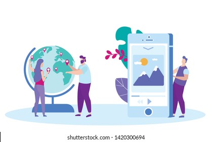 People Place Geolocation on Globe. Signs Distance Learning. Distance Learning. Lesson Online. E-Learning. Online Training. White Background. Vector Illustration. Achive Goal. Man with Smartphone.