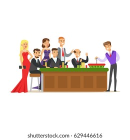 People placing bets on roulette table in casino. Colorful cartoon character vector Illustration