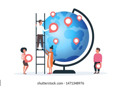 people placing geo tags pointers on globe men women near earth planet holding location markers gps navigation business position travel concept flat full length horizontal