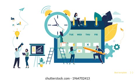 People plan business in calendar, scheduler. The girl sets the alarm clock. Teamwork, online business promotion, financial growth rating, chart, ideas. Characters of little people. Vector illustration