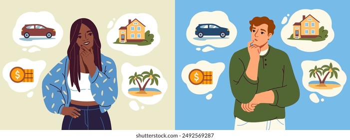 People plan expenses. Thoughtful man and woman dream about traveling, buying new car and house, financial growth. Material benefits. Characters and lifestyle items. Flat vector illustration collection