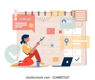 People plan schedule in online calendar with mobile phone app for effective productivity. Person setting tasks to do, reminder, note in business planner in gadget. Flat vector isolated illustration.