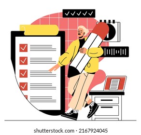 People plan schedules. Girl with pencil writes down goals in notebook. Time management and effective employee, leadership and motivation, to do list metaphor. Cartoon flat vector illustration