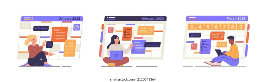 People plan schedules in online calendar with app. Set of employees writing tasks or projects list . Personal efficiency or time management. Cartoon flat vector collection isolated on white background