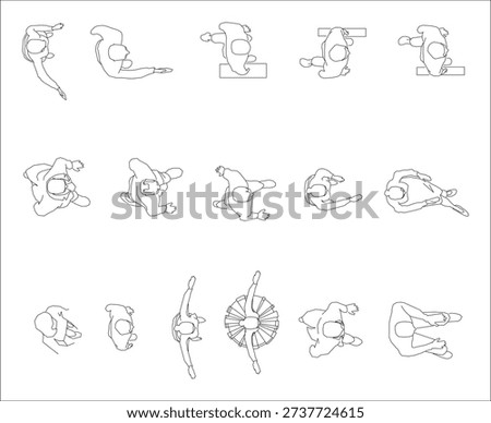 People in plan, top view crowd and human figure line art illustration, clean technical drawing CAD VECTOR EPS 10