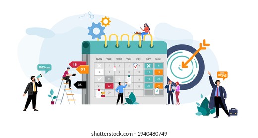 People plan to work on the calendar. Entrepreneurship and scheduling with teamwork for the month, alarm. Business meetings and events, businessmen organise the process of working the office. Vector
