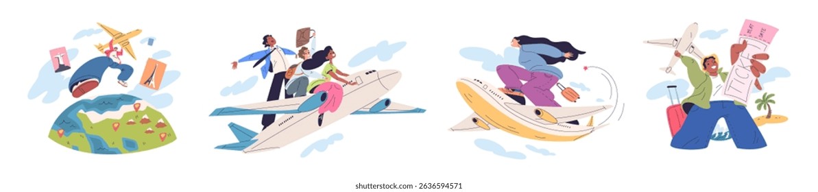 People plane trip. Happy tourist person aircraft flight, international journey around earth globe airplane passenger air tickets summer vacation concept, classy vector illustration original artwork