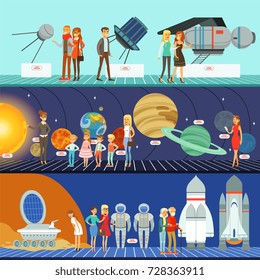 People in the planetarium set, innovation education museum horizontal vector Illustrations