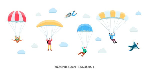People planing on parachute in clouds, flat vector illustration isolated on white background. Skydiving and parachute extreme sport activity banner or poster template.