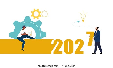 People are planning business content for the 2027 new year. Businessman signs a contract. Teamwork, movement, gears, idea. Infographics, presentation. Vector illustration, green and yellow flat design