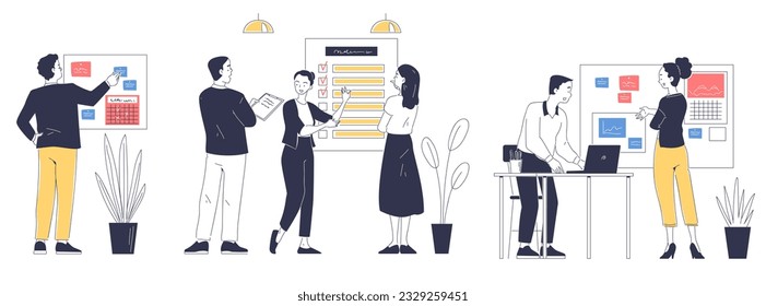 People planning business. Office workers discuss strategies and take notes, build idea and plan for future. Team of characters work together. Linear flat vector collection isolated on white background