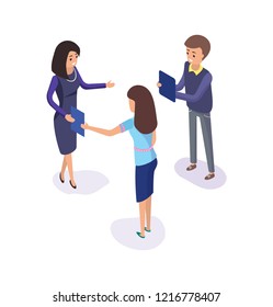 People planning business strategy, workers meeting vector. Teamwork brainstorming, businessman and businesswoman  with documents sharing new ideas