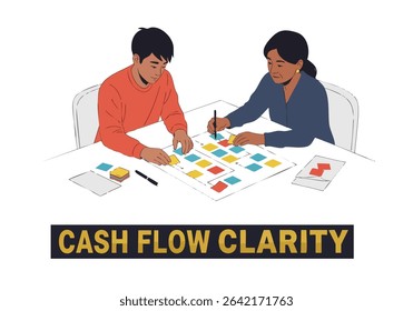 People planning cash flow using sticky notes