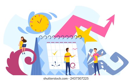 People planning concept. Entrepreneurship and calendar schedule planning with filling course campaign. Business meeting and events organizing process, office working. Vector cartoon illustration