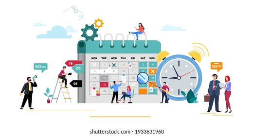 People planning concept. Entrepreneurship and scheduling with teamwork for the month, alarm. Business meetings and events, businessmen organise the process of working the office. Vector illustration