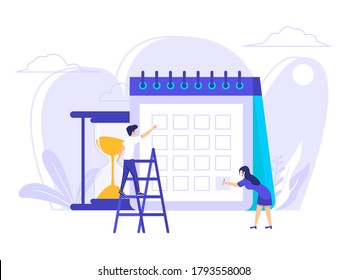People planning concept. Entrepreneurship and planning a time schedule by filling in a time schedule. Vector illustration of teamwork looking at business time and events organizing office work process