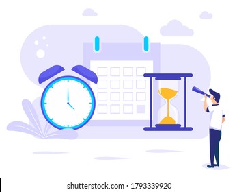 People planning concept. Planning a time schedule by filling in a time schedule. Vector illustration of a man using a trophy to view business time and events organizing office worker.