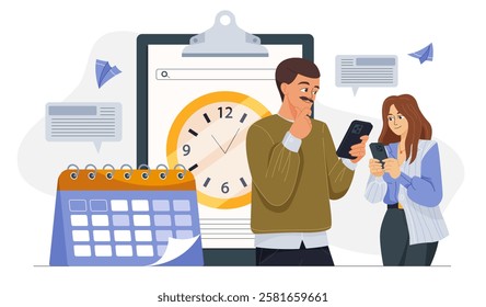 People planning concept. Woman and man with smartphone near clocks and calendar. Time management and scheduling, organizing effective work process. Flat vector illustration