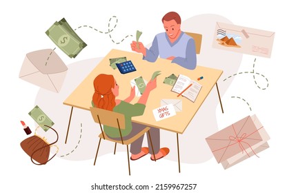 People Planning Family Budget. Cartoon Man And Woman Sitting At Table With Calculator, Money And Paper Envelopes To Calculate And Control Expenses Flat Vector Illustration. Finance, Analysis Concept