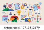 People planning and note taking, checklists, calendars, flowcharts, notes, target and trophy icons set. Flat vector illustration. Productivity, planning and workflow management concept 