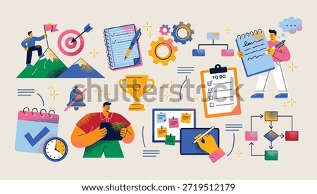 People planning and note taking, checklists, calendars, flowcharts, notes, target and trophy icons set. Flat vector illustration. Productivity, planning and workflow management concept 