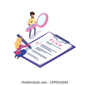 People planning and organizing working time vector. Man and woman with clipboard and magnifying glass tool achieving rapid results in business field