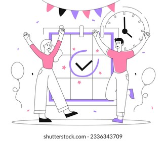 People planning party line concept. Man and woman rejoice against background of calendar with check mark. Event and holiday, disco. Planning and scheduling. Linear flat vector illustration