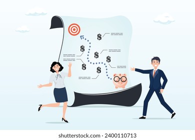 People planning with piggy bank strategy to reach target, financial investment growth strategy, money management for retirement goal, budget, expense analysis to reach financial goal (Vector) 