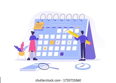 People planning schedule and calendar concept. Entrepreneurship, marketing and calendar schedule planning. Business meeting and events organizing. Isolated modern vector illustration