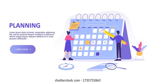 People planning schedule and calendar concept. Entrepreneurship, marketing and calendar schedule planning. Business meeting and events organizing. Landing page template. Isolated vector illustration