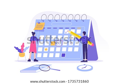 People planning schedule and calendar concept. Entrepreneurship, marketing and calendar schedule planning. Business meeting and events organizing. Isolated modern vector illustration