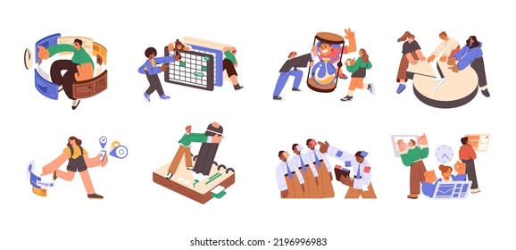 People Planning Schedule, Office Timetable, To-do List, Work Task Deadline, Arranging Business Calendar And Priorities. Time Management Concept. Flat Vector Illustrations Isolated On White Background.