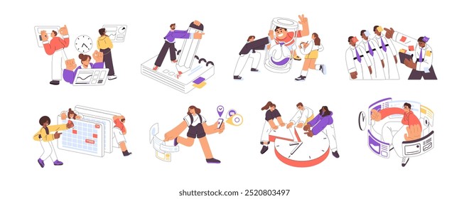 People planning set. Employees use schedule, office timetable. Arranging business task in calendar, work with deadline. Time management concept. Flat isolated vector illustrations on white background