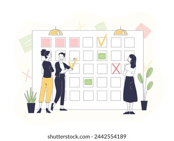 People with planning simple. Women near calendar. Scheduluing and time management, organizing effective workflow. Workers and employees. Doodle flat vector illustration isolated on white background
