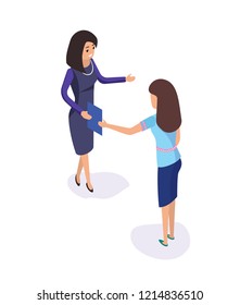 People planning strategy and discussing topic vector. Documentation explanation, clipboard with papers in hand of women. Strategic plan of company