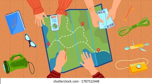 People planning travel concept vector illustration. Top closeup view of cartoon flat travelers hands holding airplane tickets, pointing on tourist map and using mobile phone app for vacation trip plan