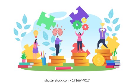 People planning work in business strategy, vector illustration. Teamwork for goal achievement, success, profit and financial growth. Man and woman make idea, thinking, setting and good result.
