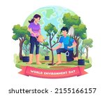 People plant and tend trees for environmental protection and nature care on World Environment Day. Flat style vector illustration