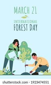 People plant and tend trees. International Forest Day greeting card, banner or social poster. Flat vector illustration.