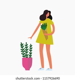 People plant trees. cartoon people and trees, garden, park, flowers. Green Planet. Vector illustration